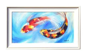 "Two Koi" Contemporary Aquatic Oil Painting, Framed