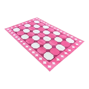 Handwoven Cotton Area Rug Vegetable Dyed Raspberry PInk and White Tile Patterned Gingham Dhurrie - 6'x9'