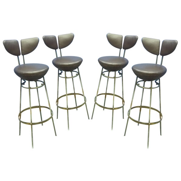 Mid-Century Leather and Steel Bar Stools, 1950s, Set of 4 For Sale