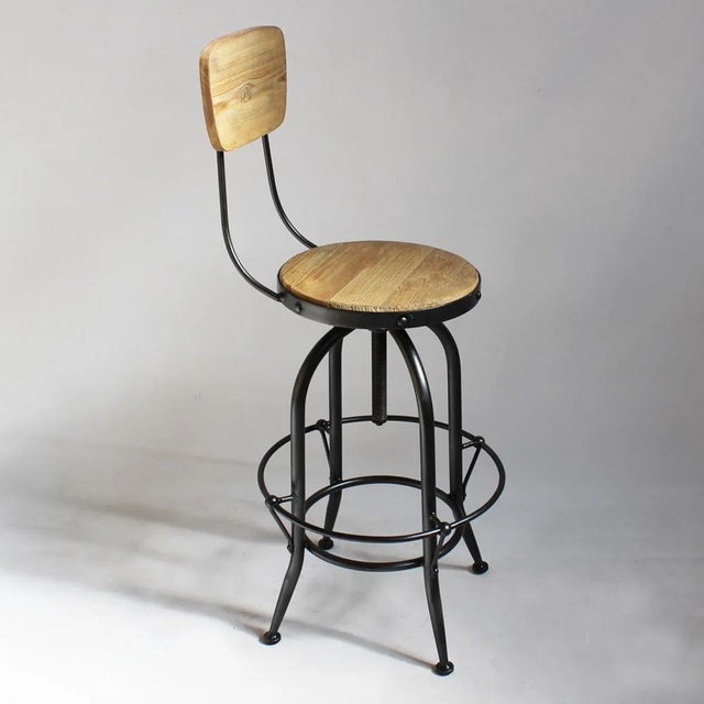 2020s Farmhouse Wood & Iron Adjustable Stool W/ Seatback For Sale - Image 5 of 6