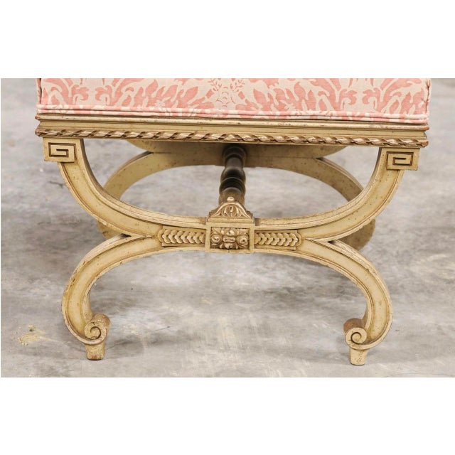 Vintage Italian Curule-Style Stool Newly Reupholstered in Fortuny Fabric For Sale - Image 9 of 10