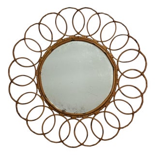 Vintage French Round Rattan Mirror, 1950s For Sale