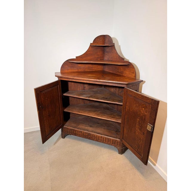Antique Carved Oak Corner Cabinet with Shelved Top For Sale - Image 6 of 7