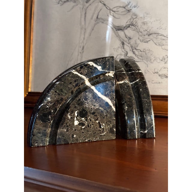 1980s Black Marble Demilune Bookends For Sale - Image 4 of 4