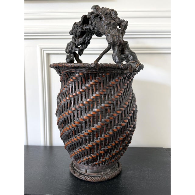 Extraordinary Smoke Bamboo Basket with Wisteria Root Handle Meiji Period For Sale - Image 12 of 14