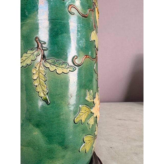 Mid 19th Century 19th Century Chinese Floral Relief Pottery Table Lamp For Sale - Image 5 of 9