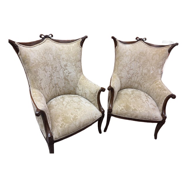 1930s Pair of Beautifully Carved Mahogany Vintage Arm Chairs For Sale