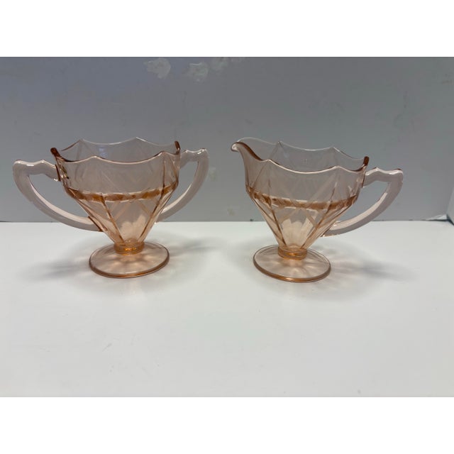 Blush Art Deco Pink Etched Glass Cream and Sugar Set, Cambridge Style, C. 1930s - a Pair For Sale - Image 8 of 10