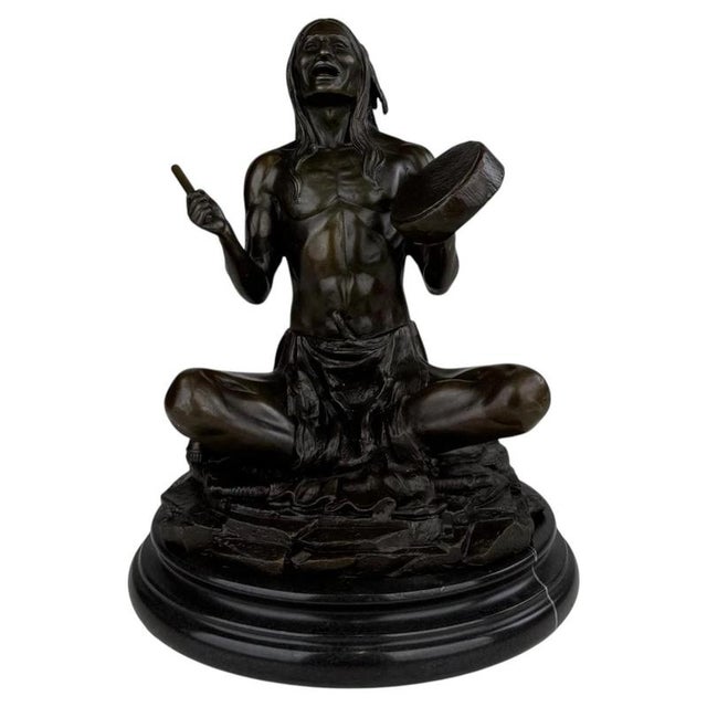 Seated Native American Drummer Figural Sculpture, 20th Century, Bronze For Sale - Image 12 of 12