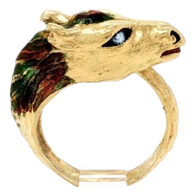 Mid 20th Century Horse Bypass Ring 18K Yellow Gold Multi-Color Enamel Size 5.5 For Sale