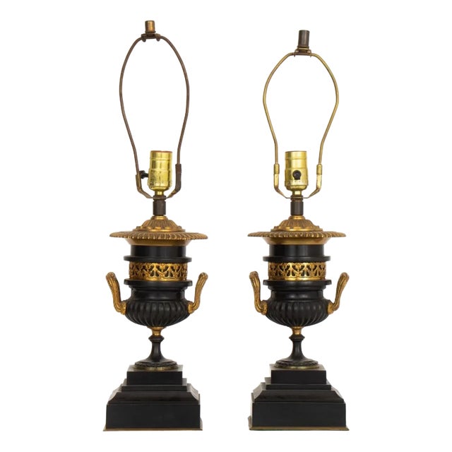 French Empire Style Gilt Metal Ebonized Lamps, Pr For Sale