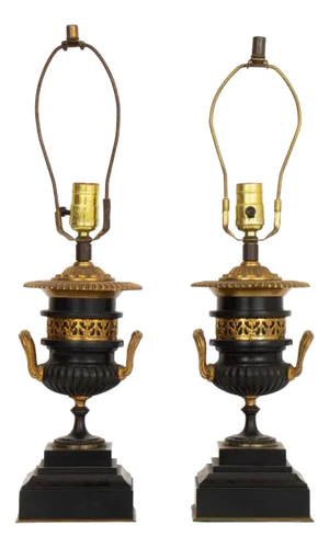 French Empire Style Gilt Metal Ebonized Lamps, Pr