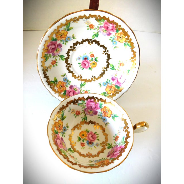 English Antique English Royal Chelsea Bone China Cup and Saucer, Golden Rose For Sale - Image 3 of 12
