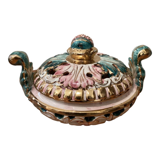Vintage Majolica Capodimonte Italy Dish & Cover 363/502 Adorable Color Palette Golden Rim and Details For Sale
