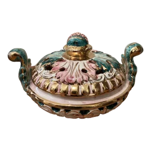 Vintage Majolica Capodimonte Italy Dish & Cover 363/502 Adorable Color Palette Golden Rim and Details