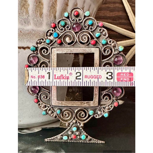 Vintage Sterling Silver Taxco Picture Frame, Turquoise Coral Amethyst Gemstones For Sale - Image 11 of 12