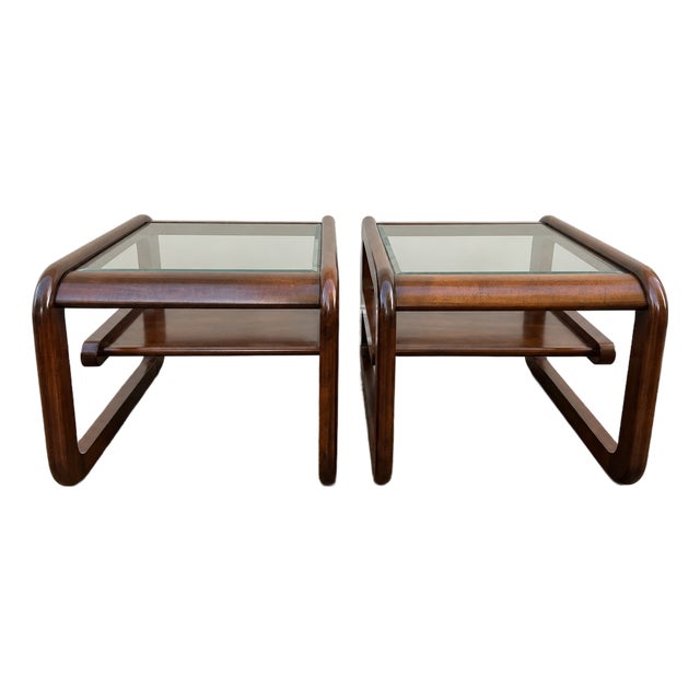 1970s Postmodern Walnut Waterfall Tables Attributed to Lou Hodges for Mersm For Sale