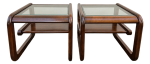 1970s Postmodern Walnut Waterfall Tables Attributed to Lou Hodges for Mersm