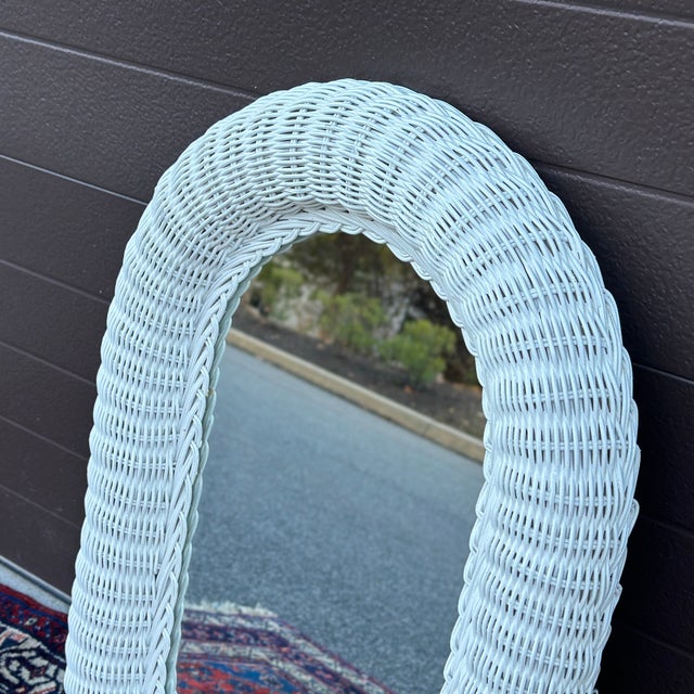 Contemporary Vintage Petite White Painted Woven Wicker Rattan Framed Oval Mirror For Sale - Image 3 of 11