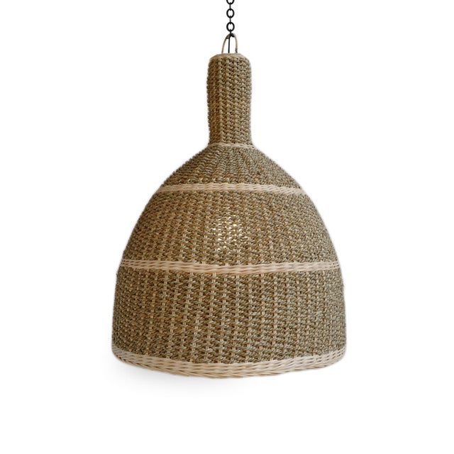 Beautiful handwoven Kuba seagrass rope weave lantern with raw wicker trim stripe. Quality material with iron wire...