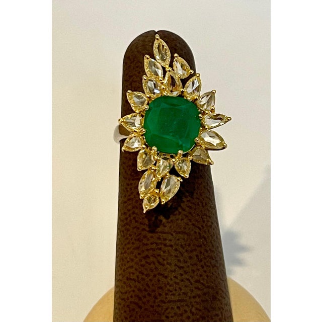 Gemstone 5.82 Ct Natural Colombian Cushion Cut Emerald & 3 Ct RoseCut Diamond Ring 18 Kt, Size 6 For Sale - Image 7 of 18