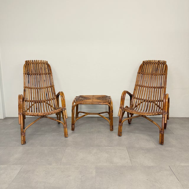 1970s Vintage Italian Chairs and Coffee Table in Wicker, 1970s, Set of 3 For Sale - Image 5 of 18