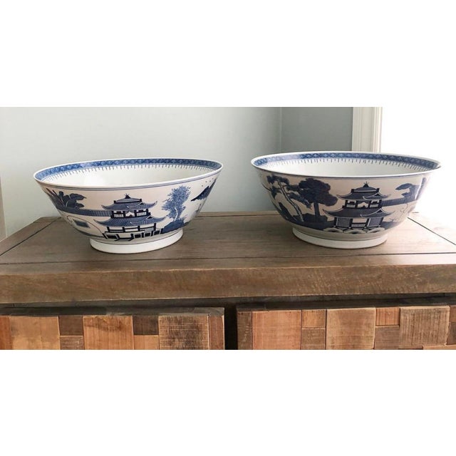 Large Vintage Chinoiserie Blue and White Bowls a Pair For Sale - Image 12 of 12