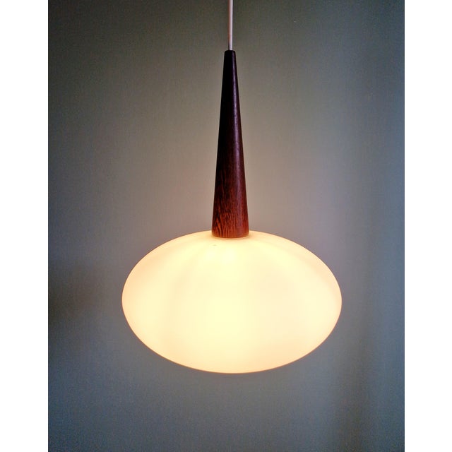 Scandinavian Pendant Light in Teak and White Opaline Glass by Louis Kalff for Philips, 1960s For Sale - Image 9 of 15