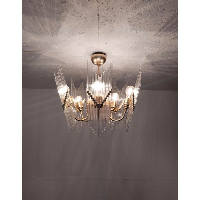 Rare 1970s Brass & Glass Rod Chandelier | 5-Light Vintage Fixture | Restored Mid Century Lighting For Sale - Image 14 of 14