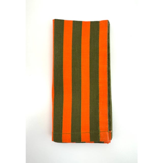 Mid-Century Modern 1960s Mid-Century Modern Orange and Olive Green Striped Cotton Napkins - Set of 6 For Sale - Image 3 of 8
