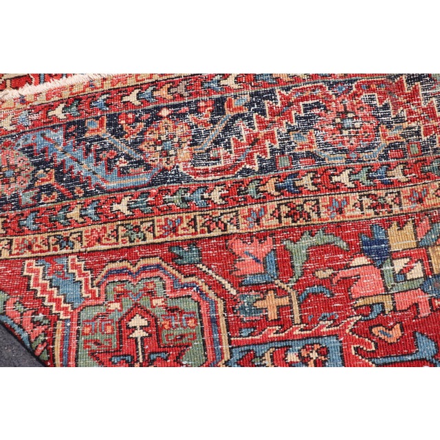 Antique Heriz Rug With Red Field, Geometric Tribal Motifs and Navy Blue Border 9'2 X 11'10 For Sale - Image 17 of 17