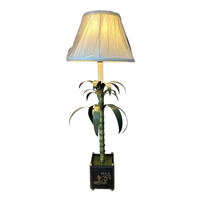 Vintage Hand Painted Tole Palm Tree Table Lamp With New Silk Shade For Sale