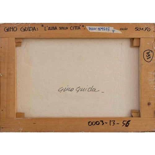 Wood Gino Guida, Dawn on the City, 1980s, Oil on Plywood For Sale - Image 7 of 8