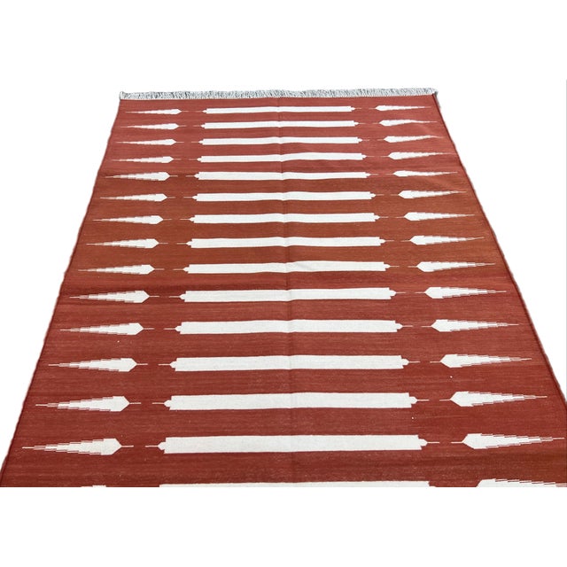 Terra Cotta Not Yet Made - Made To Order Handmade Cotton Area Rug Vegetable Dyed Terracotta Red & White Striped Dhurrie - 5'x7' For Sale - Image 8 of 11