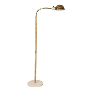 1970s Mid-Century Brass and Rattan Adjustable Gooseneck Floor Lamp For Sale