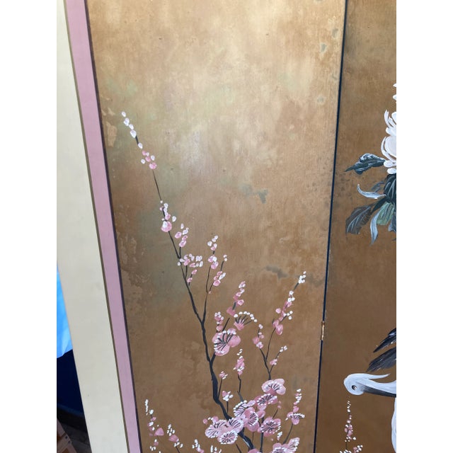 Japanese Mid-Century Japanese Style Hand Painted Four-Panel Screen by Lucien Leinfelder For Sale - Image 3 of 13