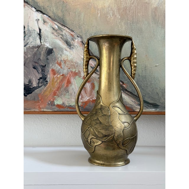 Antique Japanese Meiji period studio bronze vase. Lovely, art nouveau inspired lotus flower design. Maker’s mark to base....