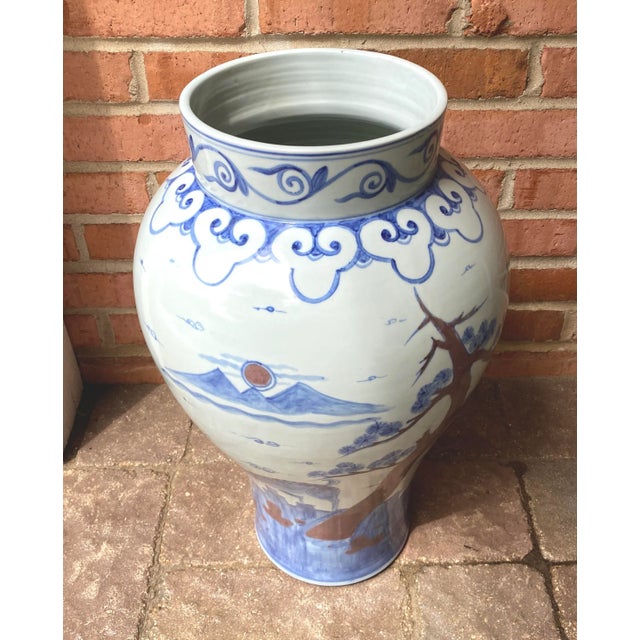 Ceramic Chinese Celadon Floor Vase With Freehand Style Landscape Scene For Sale - Image 7 of 11