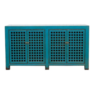 Long Painted Blue Lattice Sideboard For Sale