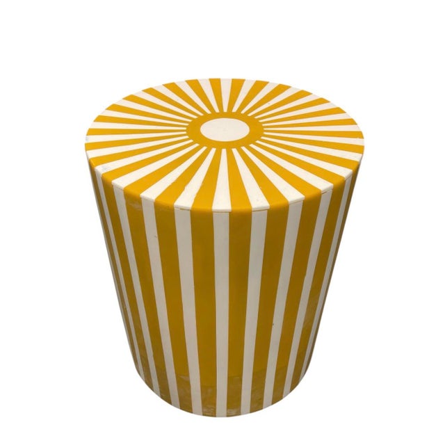 Contemporary Moroccan Resin-Inlay Sunburst Drum Stool or Side Table in Ochre & White For Sale - Image 4 of 9
