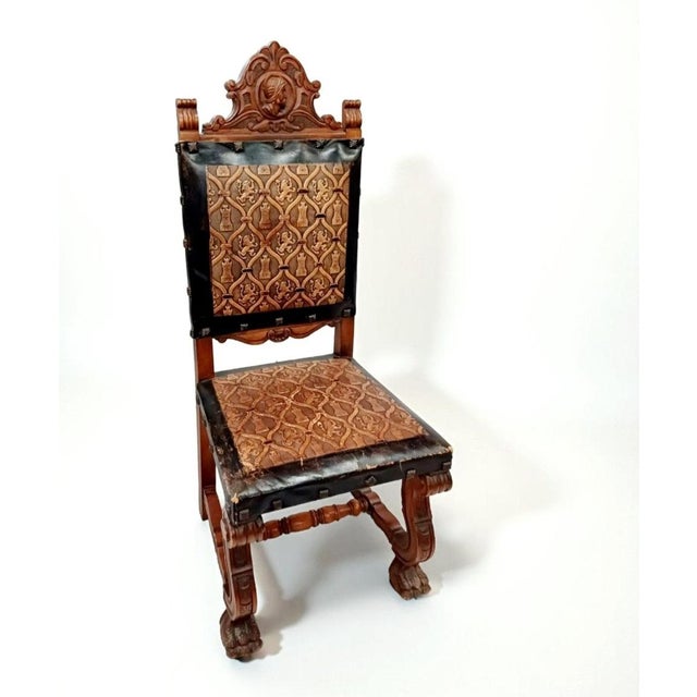 Antique Spanish Castilian Renaissance Revival Armchair in Hand-Carved Wood with Leather Upholstery, 1800s For Sale - Image 9 of 9