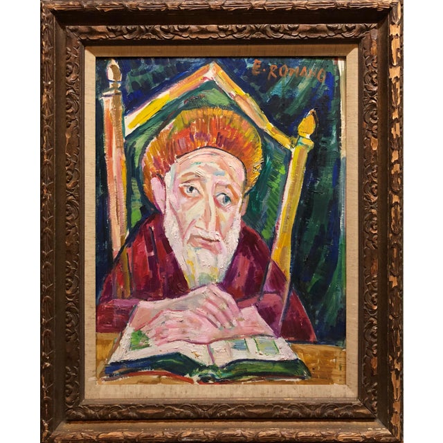 Emanuel Glicenstein Romano, Modernist Oil Painting 1940s, Judaica Hasidic Rabbi in Jerusalem, 1972 For Sale