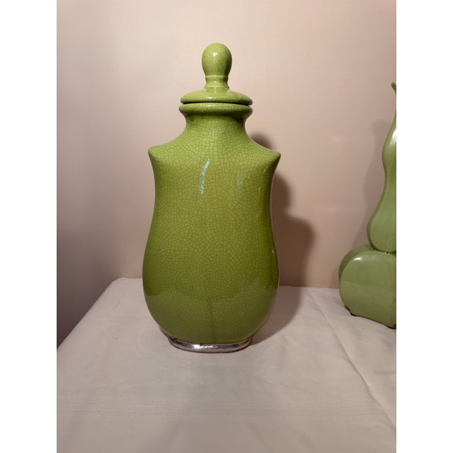 Chartreuse Uttermost Hollywood Regency Chartreuse Green Crackle Glaze Lidded Urn Jars - Set of 3 For Sale - Image 8 of 9
