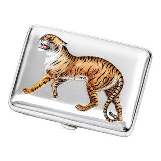 Fierce Hand Painted Enamel Tiger Antique Sterling Silver Luxury Cigarette Case Holder Tobacciana For Sale