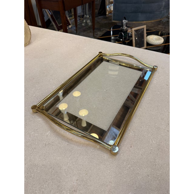 1970s Italian Brass and Glass Rectangular Tray With Curved Handles, 1970s For Sale - Image 5 of 7