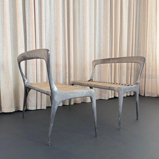 Organic Modern Cast Aluminum and Teak Bench by John Reeves For Sale In New York - Image 6 of 11