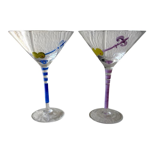 Late 20th Century Hand Painted Martini Glasses with Olive & Fleur De Lis Design, Blue and Purple Stems - Set of 2 For Sale