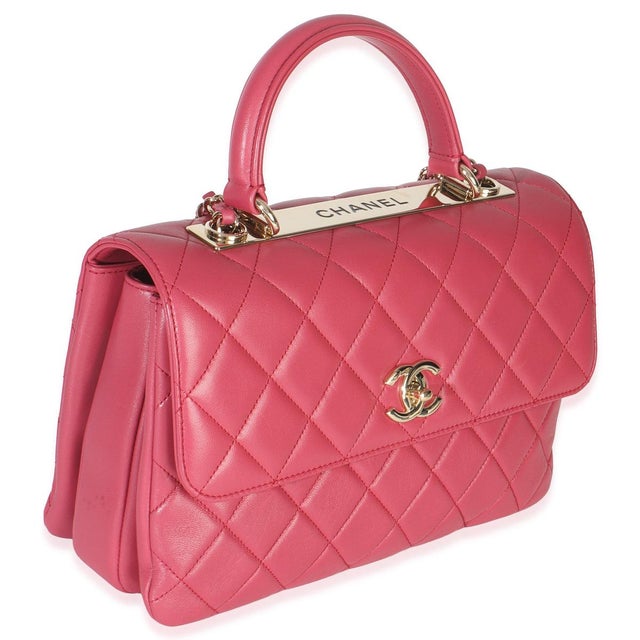 Traditional Pink Quilted Lambskin Medium Trendy CC Flap Dual Handle Bag For Sale - Image 3 of 9
