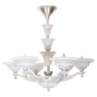 Opalescent Frosted Art Glass Six-Arm Chandelier Signed Ezan, 1935 For Sale