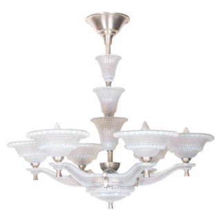 Opalescent Frosted Art Glass Six-Arm Chandelier Signed Ezan, 1935 For Sale